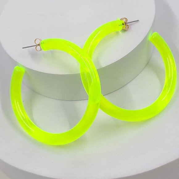 2" Yellow 80's Retro Neon Translucent Tube Lucite Hoop Earrings - Picture 5 of 11
